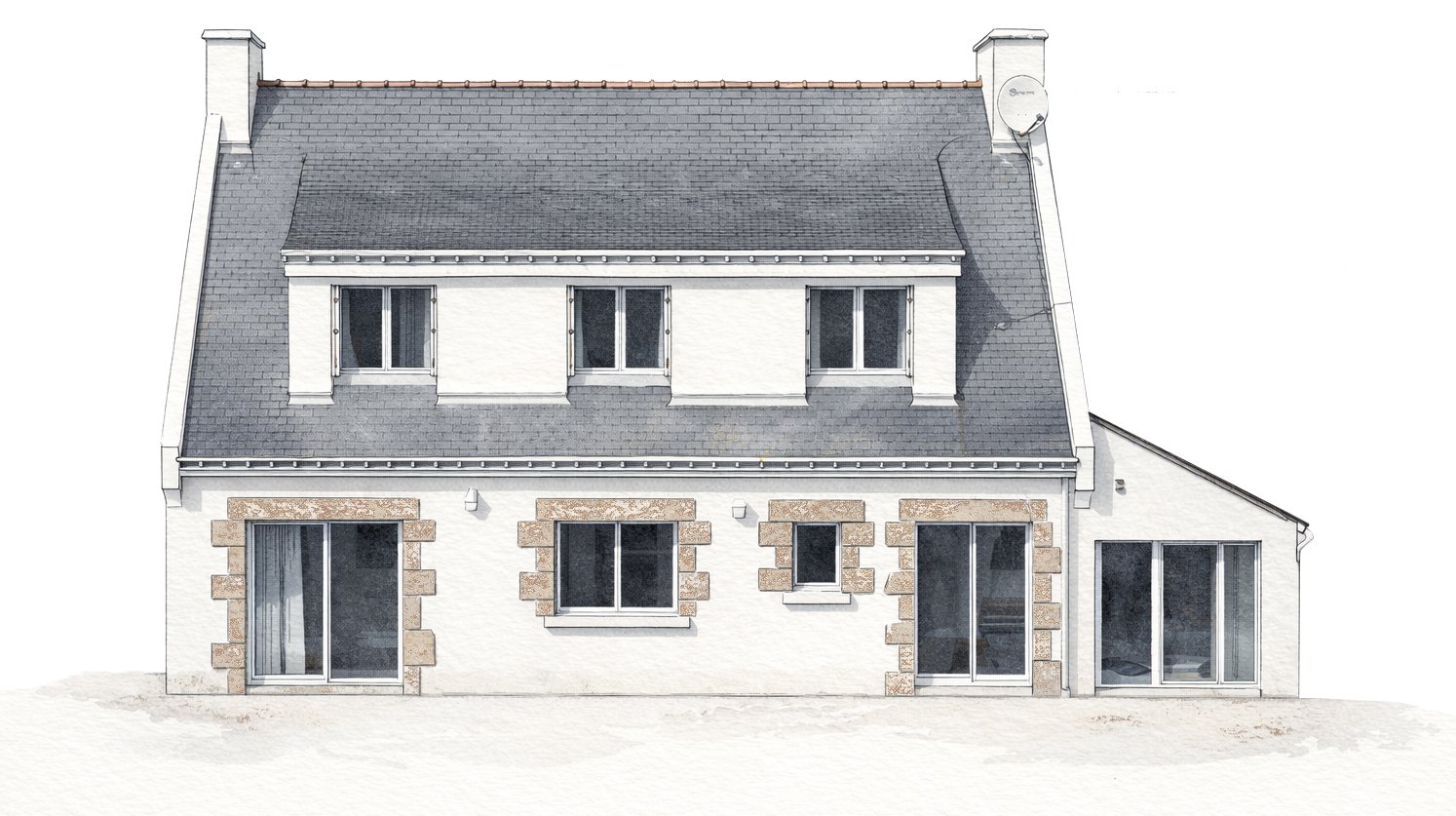 La façade côté jardin, à l'aquarelle